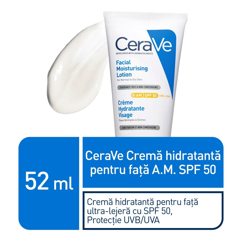 CeraVe Facial Moisturizing Lotion SPF 50 for Normal To Dry Skin, 52 Ml, with Ceramides & Hyaluronic Acid, Broad Spectrum Sunscreen, Oil-Free