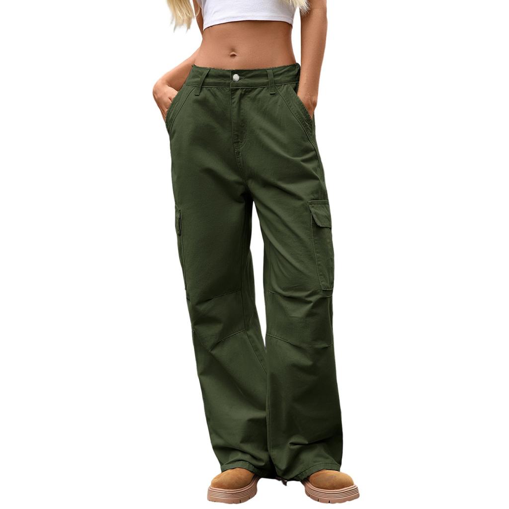 Women's Casual Fashion Solid Color Elastic Waist Pockets Wide Leg Straight Jeans Pants