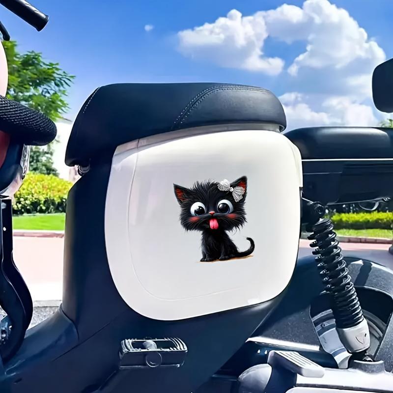 Adorable Cartoon Black Cat Vinyl Sticker - Cute Fluffy Kitten with Pink Ears & White Whiskers, Perfect for Decorating Personal Items or Gifting