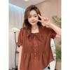 Fashion Women's Caramel Ruffle Blouse Short Sleeve Tie Neck Pleated Casual Babydoll Top
