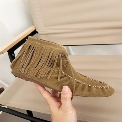 Mode AIYUQI Damen Stiefeletten Echtleder 2025 Neu Flach Rutschfest Cowboy Stiefel Damen Übergröße Quasten Stiefeletten für Damen