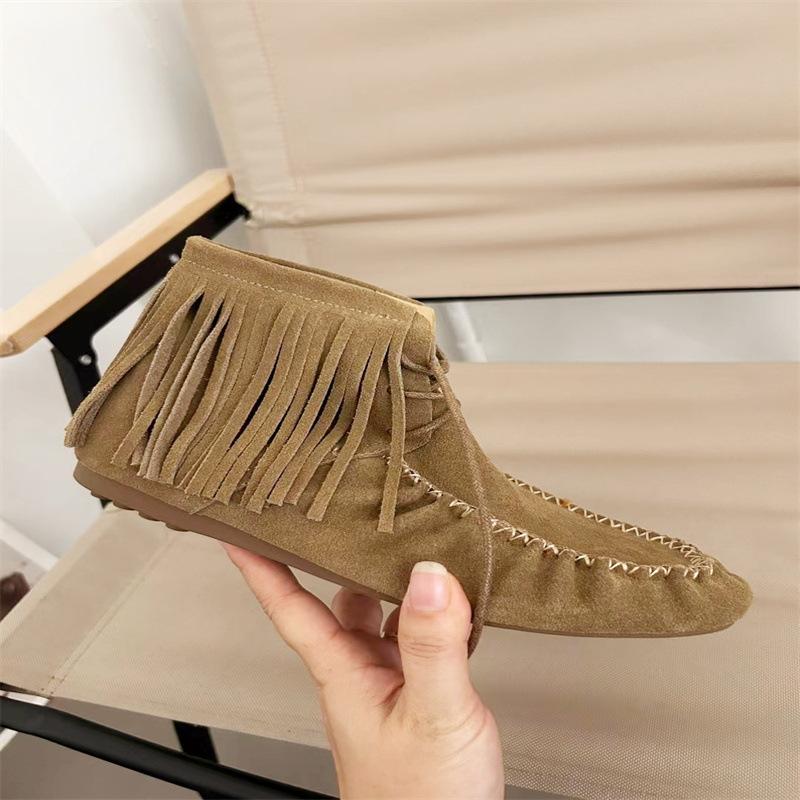 Mode AIYUQI Damen Stiefeletten Echtleder 2025 Neu Flach Rutschfest Cowboy Stiefel Damen Übergröße Quasten Stiefeletten für Damen