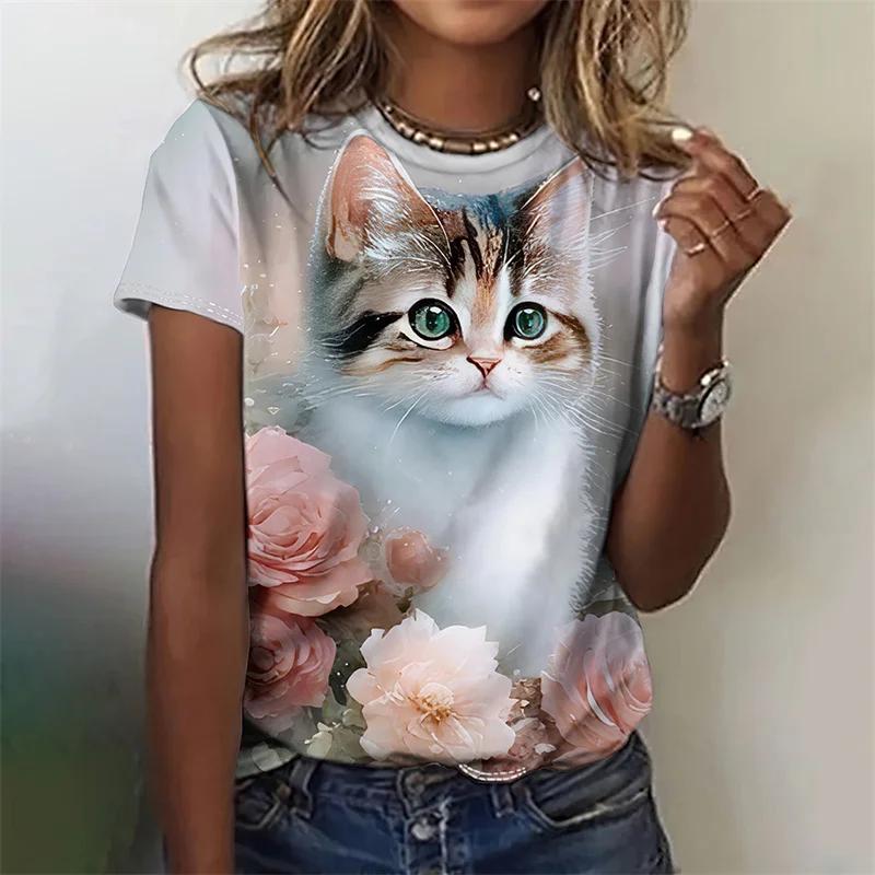 3D Printed Artistic Cat Pattern Women's T-Shirt Fun Animal Pet Design Summer Casual Short Sleeve Round Neck Top