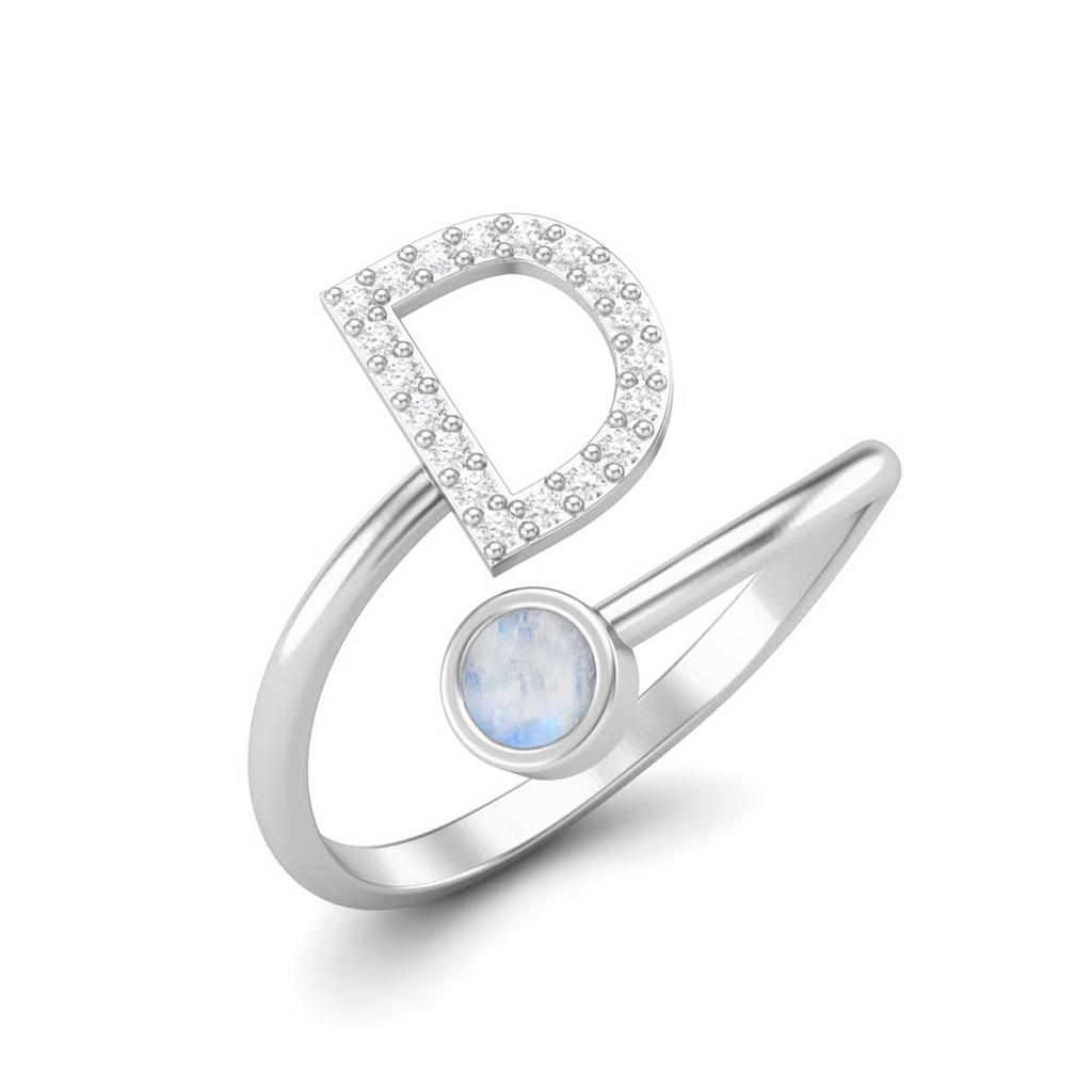 Capital D Initial Letter Moonstone Women Adjustable Front Open Ring 925 Sterling Silver