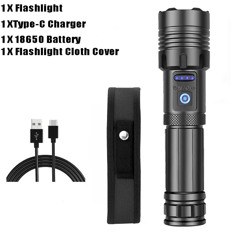 Powerful COB LED Flashlights USB Rechargeable Tactical Torch with Red Light Emergency Zoom Lantern Built-in 18650 for Camping