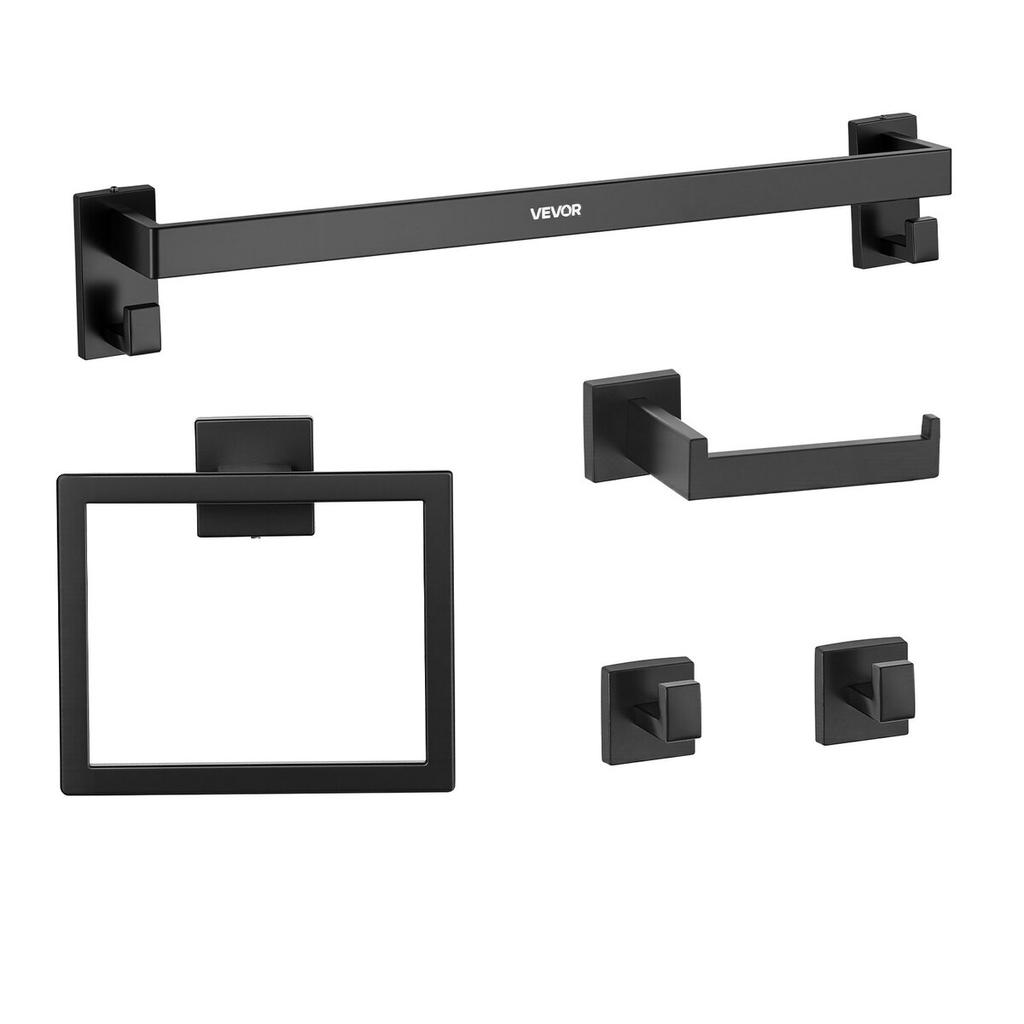 Matte Black Bathroom Hardware Set, 5 Pieces Stainless Steel Bathroom Accessories Set, 24-inch Towel Bar, Towel Rack, 2 Robe Towel Hooks, Toilet Paper