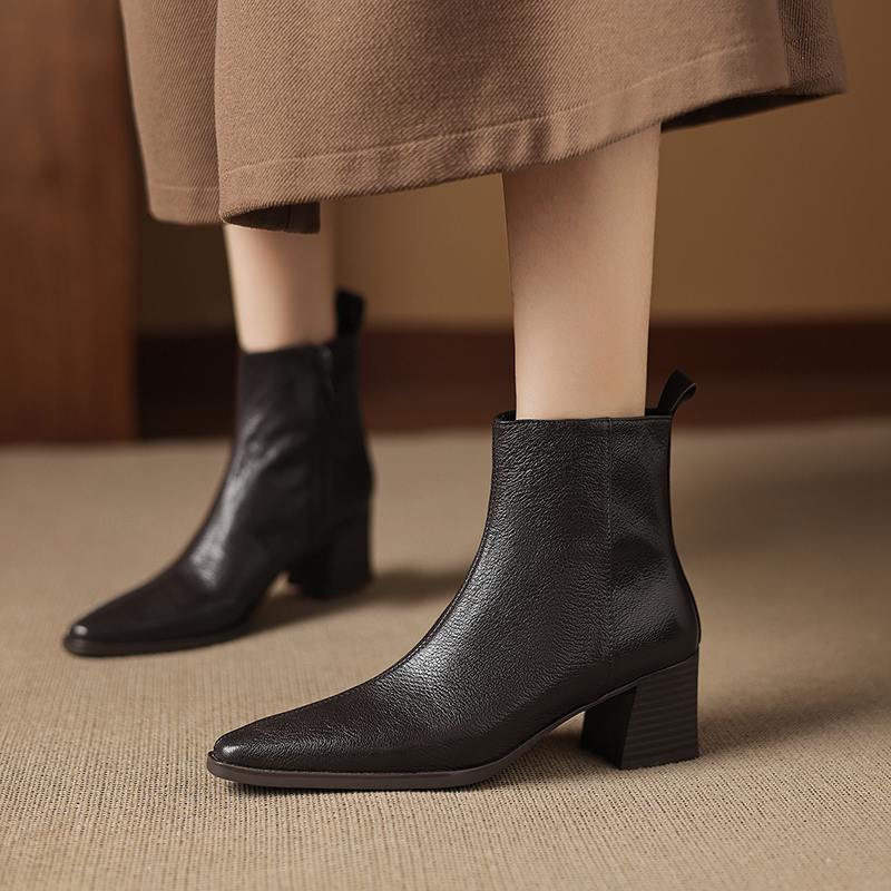 Krazing Pot Zimní kožené kozačky na středním podpatku se špičatou špičkou Chelsea pro ženy, elegantní dámské kotníkové boty na zip