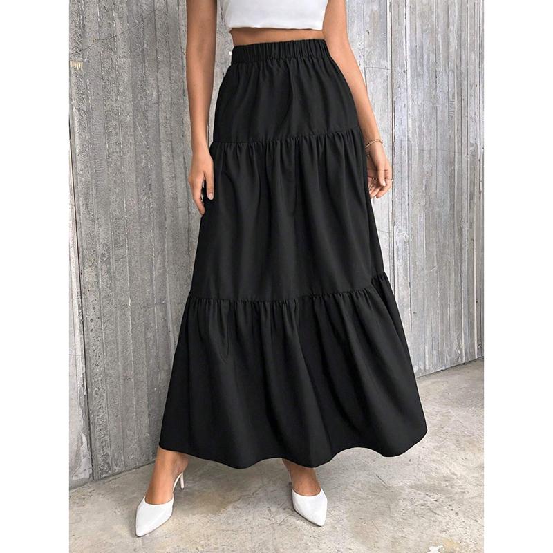 Mode Neu A-Linie Falten Casual Schwarze Röcke Damen Elegant Schlank Passend Frühling und Sommer Langer Rock Damen Vintage Einfarbig Hoher Bund Damenrock 25920