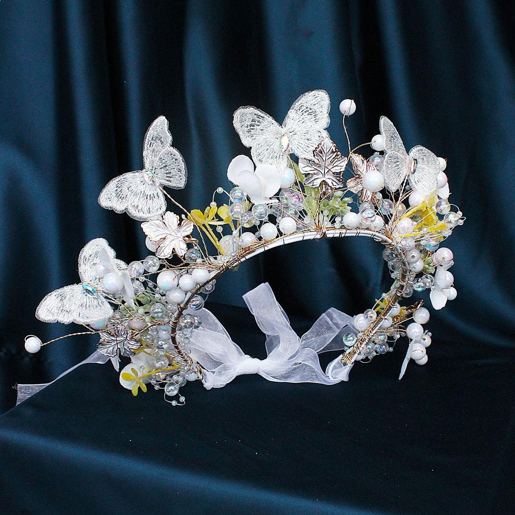 Bridal Hair Accessories Children'S Show Headgear Mori Fabric Flower Crown Colorful Crystal Alloy Leaf Butterfly Headband