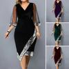 Summer Women Dress Sequin See-through Mesh Three Quarter Sleeves Irregular Hem Contrast