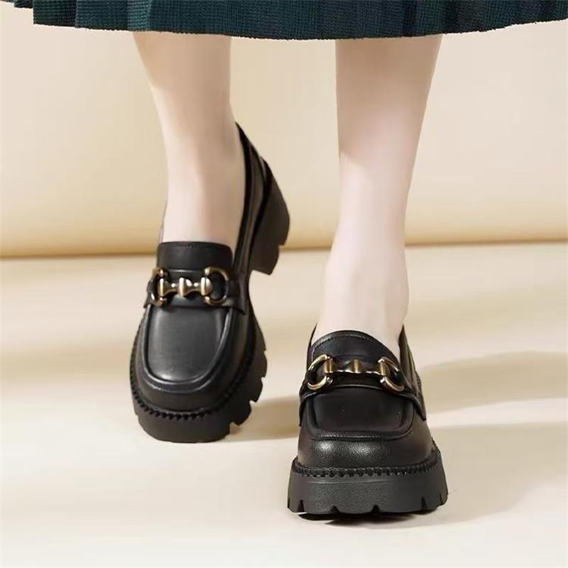 Small Loafers, Women's Spring and Autumn Thick Heels, Small Leather Shoes, Soft Soles, One Pedal, Foreign Style, Black Heightened Platform Shoes