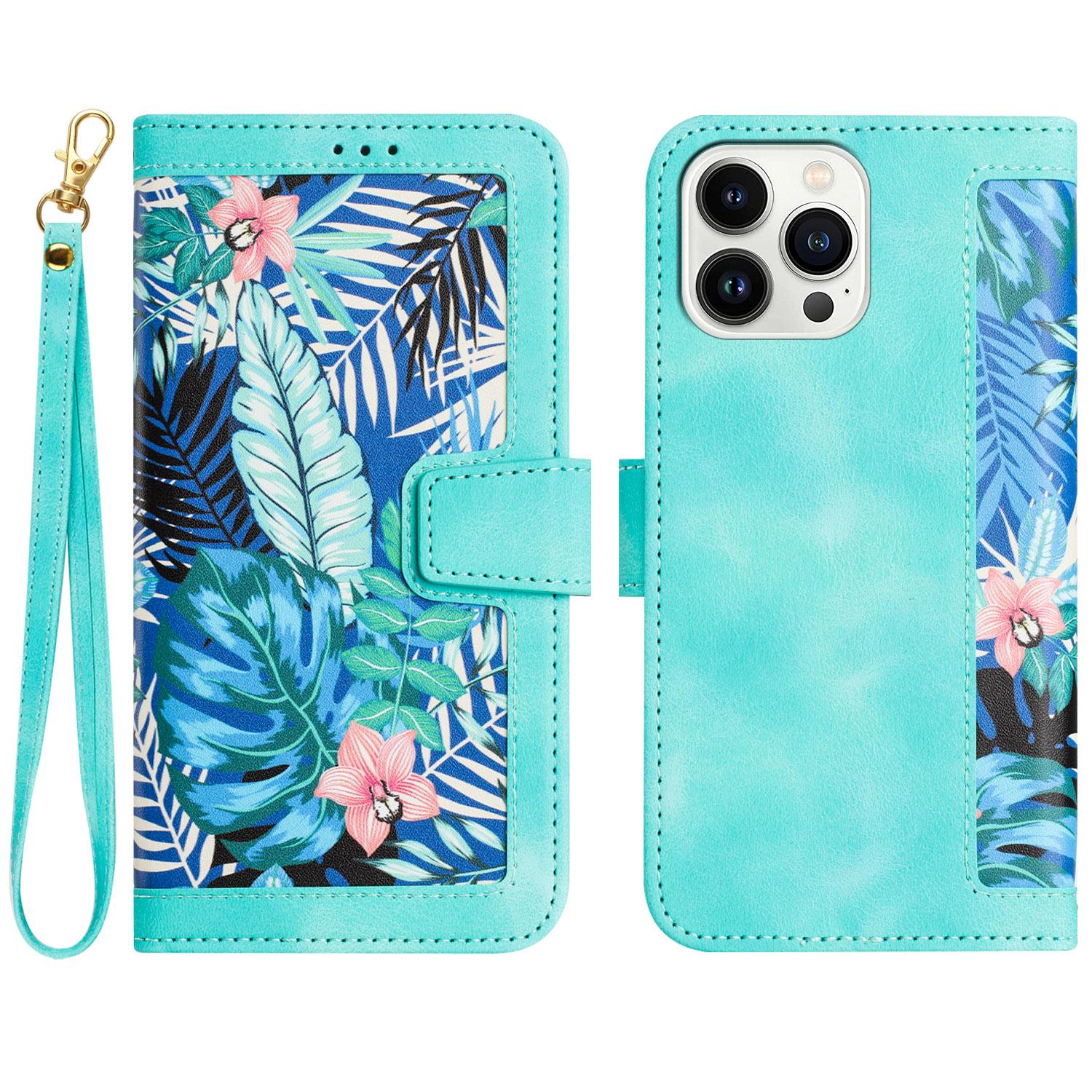 

For iPhone 16 Pro Case Card Holder Stand PU Leather Floral Phone Cover Green