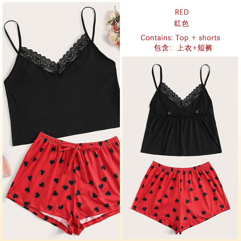 Women s home multi-color printed sexy pajamas rose printed shorts pajamas two-piece set S