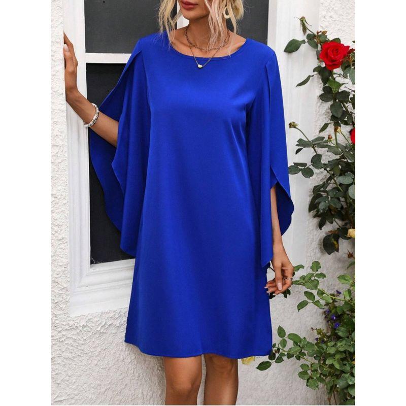 Spring and Summer New Fashion European and American Style round Collar, Blue Loose Casual Half Length Cape Sleeve Dress Dress Dress Dress
