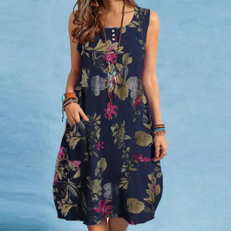 

Bohemian Beach Dress Summer Vintage Floral Printed Sundress Women Sleeveless Knee-length Robe Holiday Vestidos Sarafans XXXL