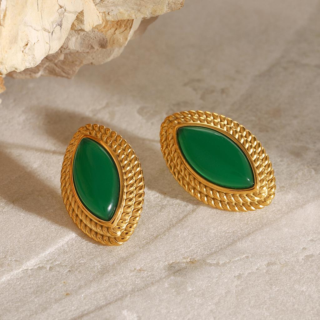 Youthway Retro Elegant Stainless Steel Threaded Green Agate Oral Stud Earrings For Women Fashion Jewelry Allergic Accessory