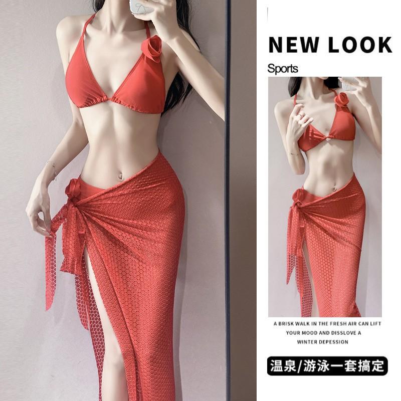 

Careful Plan Perspective Style Long-sleeved Integrated Beach Dress Three-piece Bikini Pure Desire Swimsuit Women XL червоний