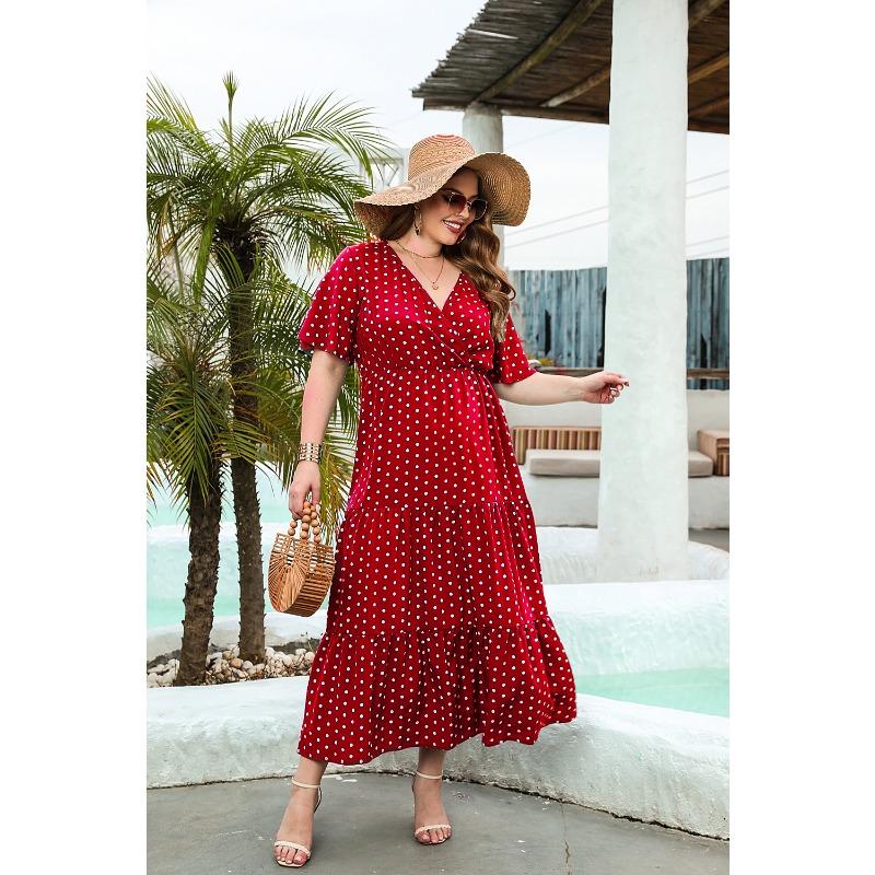 Plus Size Women's Big Size Polka Dot Casual v-Neck Elegant Hem Midi Dresses