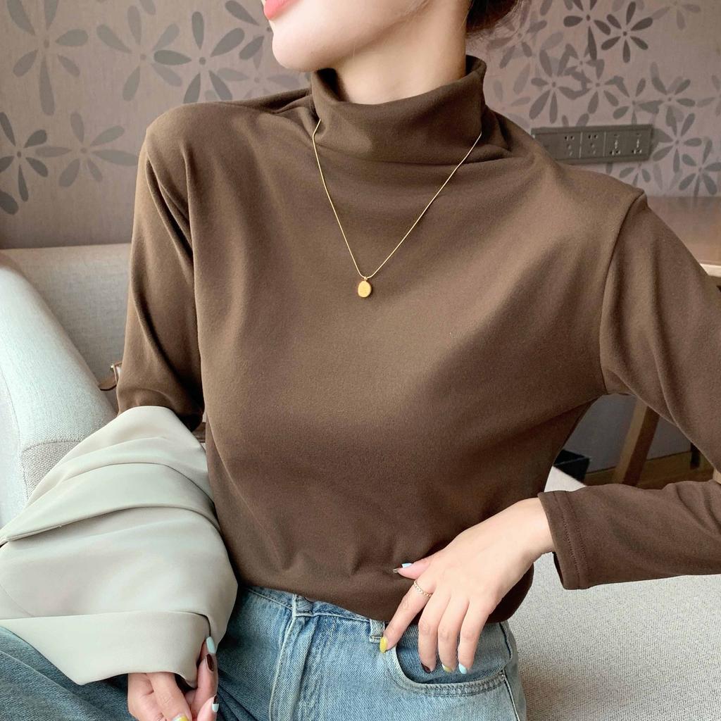 High-necked Micron Velvet Base Layer for Women in Autumn and Winter with a Thickened Double-sided Brushed Pile Collar Long-sleeved Top