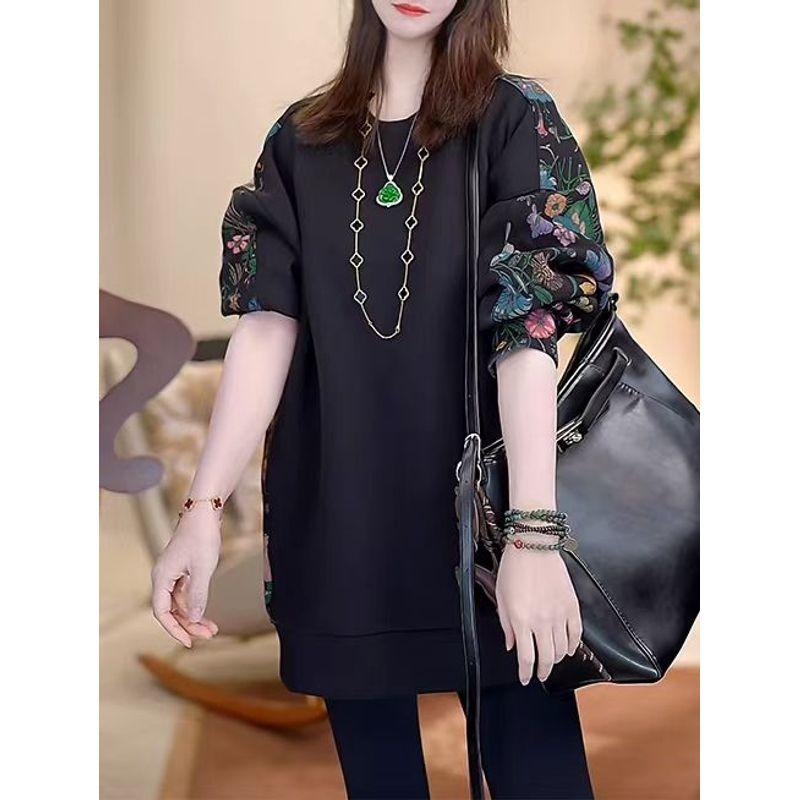 

Two-Tone Front and Back! Slim Looking Women s round-Neck Long Print Patchwork Air Cotton Sweatshirt Winter Bandage Dress Base Skirt Black 2XL recommend 72.50kg