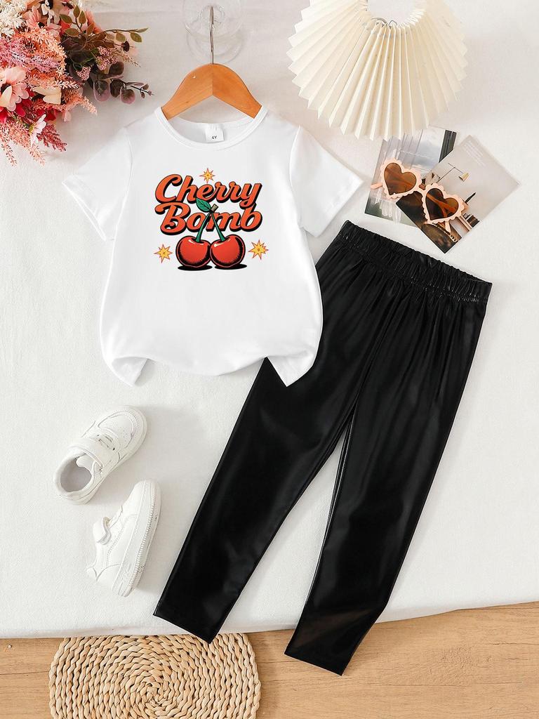 Summer Girls' Fashionable Two-Piece Clothing Set: Short Sleeve Top & Printed Long Pants