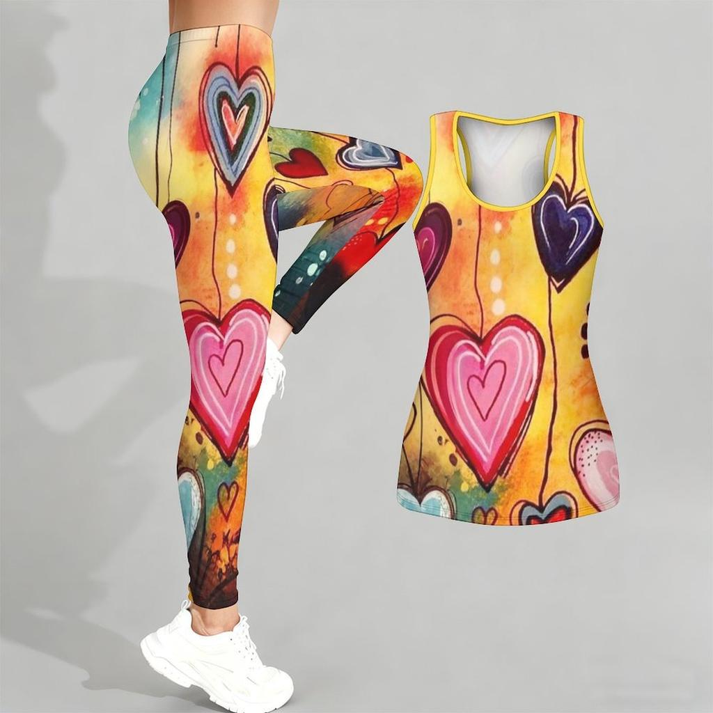 Completo Yoga Stampato con Motivo a Cuori per Donna Moda Leggings da Allenamento Fitness Sportivo Set Yoga Casual Tuta Sportiva
