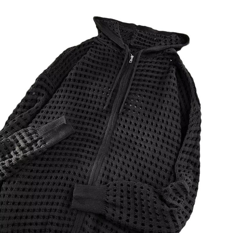 Hollow knitted sweater design sense hooded loose outer with thin jacket Korean version spring and summer zipper cardigan top men