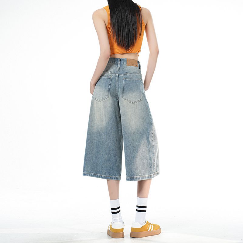 Trendy Summer Slub Fabric Minimal Design Denim Cropped Capri Pants Loose Straight Vintage Washed Slimming Casual Trousers