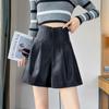 Petite High-Waisted Khaki PU Leather A-Line Shorts for Women - Wrinkle-Resistant, Wide-Leg Bootcut, Autumn/Winter Wear.