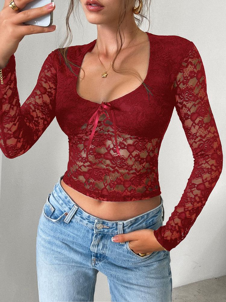 Women y2k Sexy Wind Slim Hollow Long Sleeve Tie Lace Shirt Top