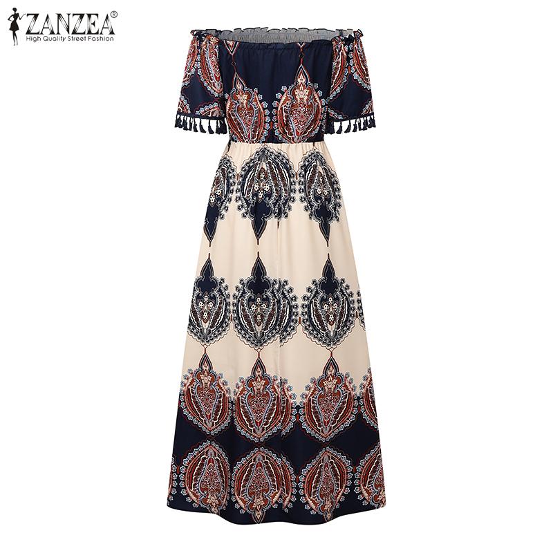 ZANZEA Women Casual Off Shoulder Short Sleeve Bohemian Print Long Dress