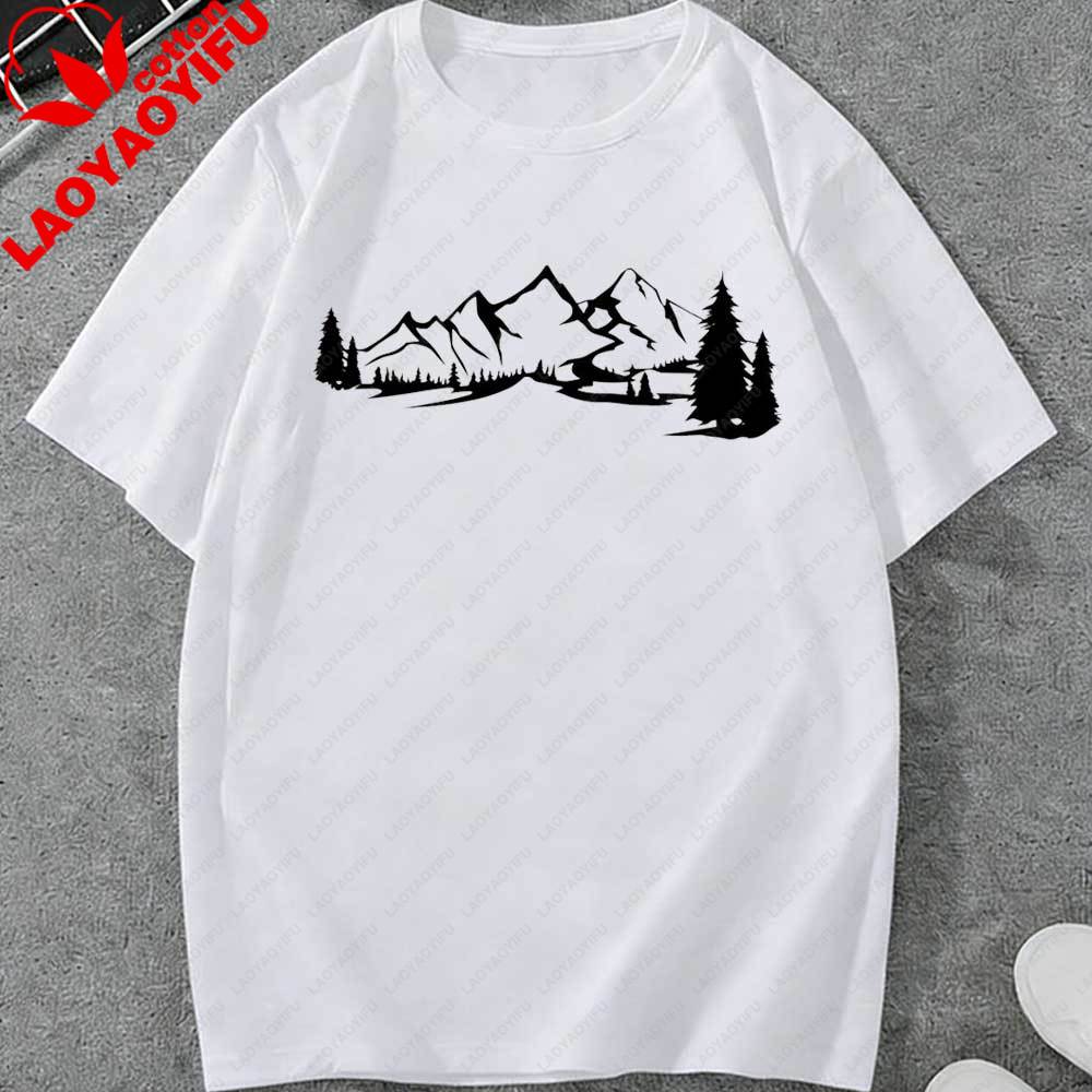 Minimalist Mountain Forest River Landscape TShirt Nature Graphic Tee Oversized Cotton Casual Top Hiking Camping Outdoor Lovers