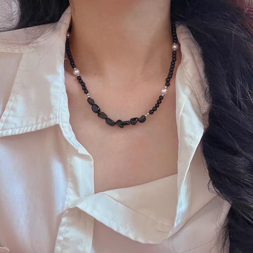 

Vintage High-Grade Maillard Style Natural Black Agate Collarbone Chain Necklace