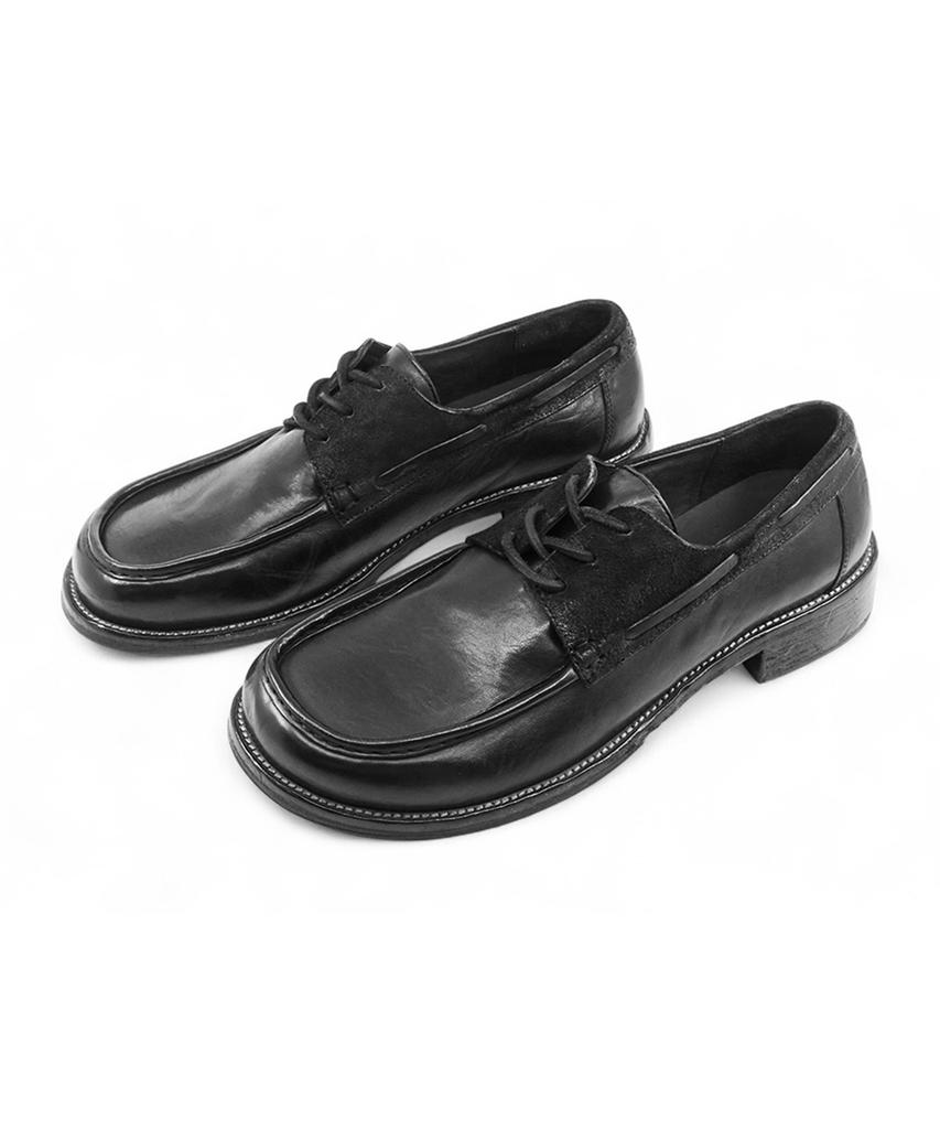 Yase Hammer Tumble Dyed Washed Leather Boat Shoes Black