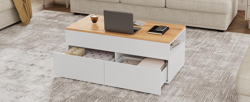 100*50*40cm Height-Adjustable Coffee Table with Hidden Storage, 2 Drawers, Semi-Open Storage, in White + Wood Color