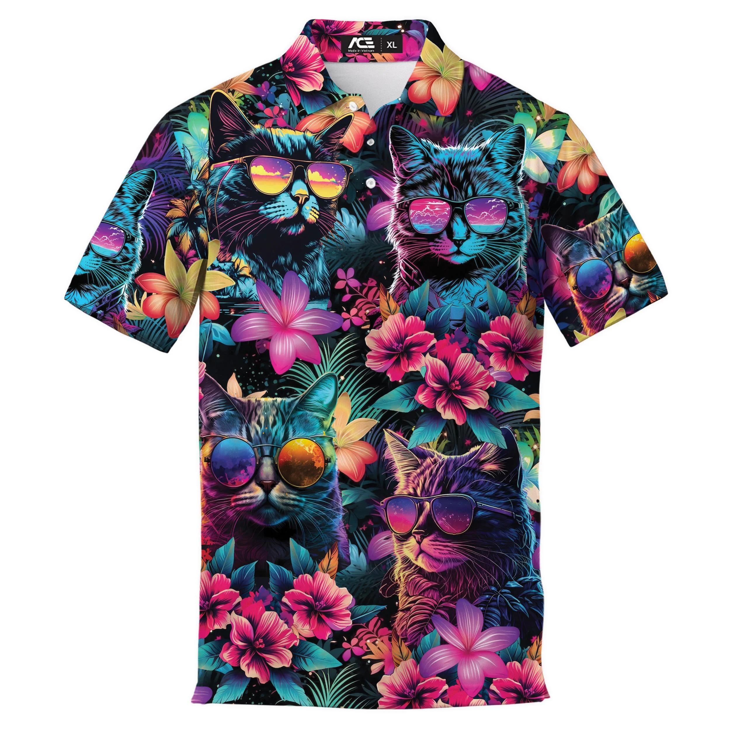 

Black Cat Polo For Men Comfortable Short Sleeve Shirt Cats Graphics 2025 Breathable Button Clothing Tropical Flower Prints Tops 6XL