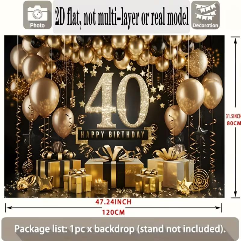 2D Black Gold 40th Birthday Backdrop Happy 40th Birthday Party Decoration Banner