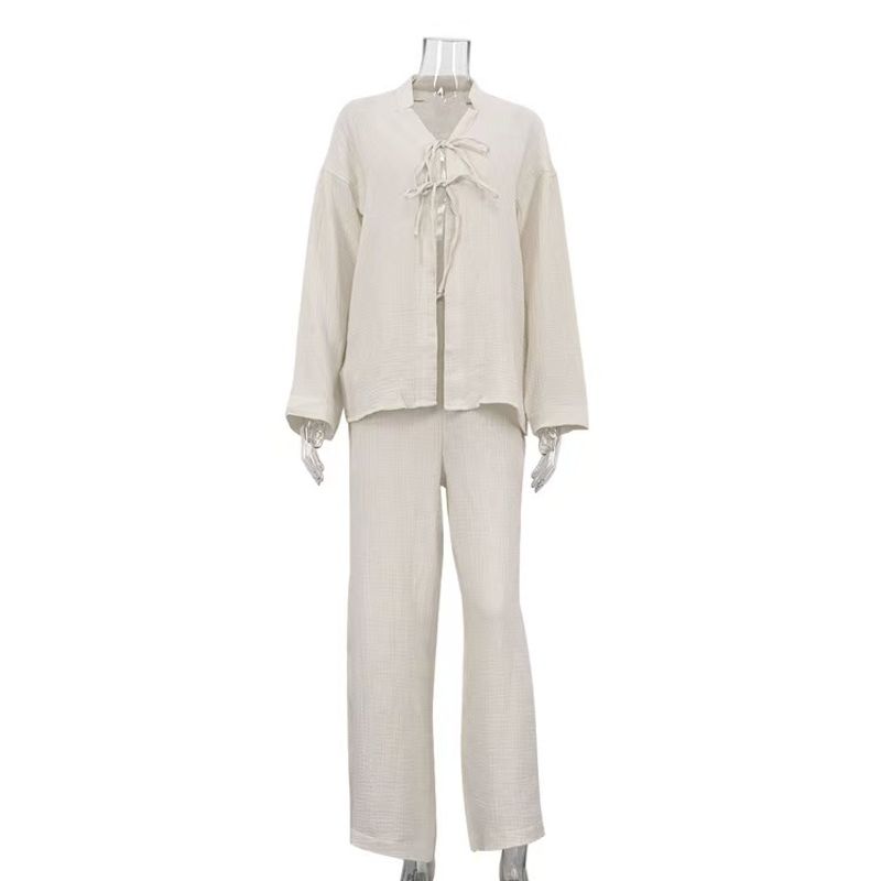 

Fashion Style Cotton Champray Fashion Loose Lace-up Shirt Pants Two-piece Set Shirt and Pants Set Beige L