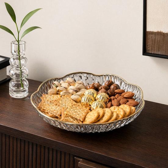 Plastic Fruit Bowl with Gold Trim, Clear Fruit Basket, Modern Decorative Serving Bowl for Kitchen Counter, Dining Room, Coffee Table