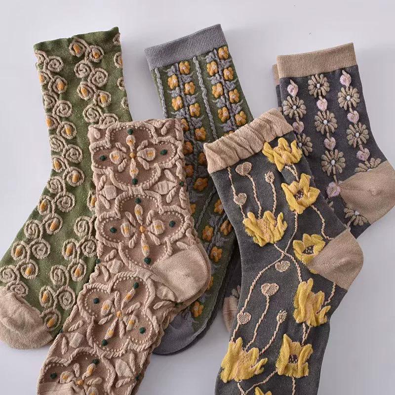 1/5 Paires Chaussettes Mi-Mollet Motif Ethnique Broderie 3D Chaussettes Texturées Polyvalentes Imprimé Floral Toutes Saisons Décontractées pour Femmes