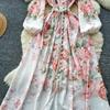 Spring Bohemian Floral Maxi Dresses for Women Runway Cross V-Neck Long Lantern Sleeve Sashes Beach Holiday Dress Boho Robes
