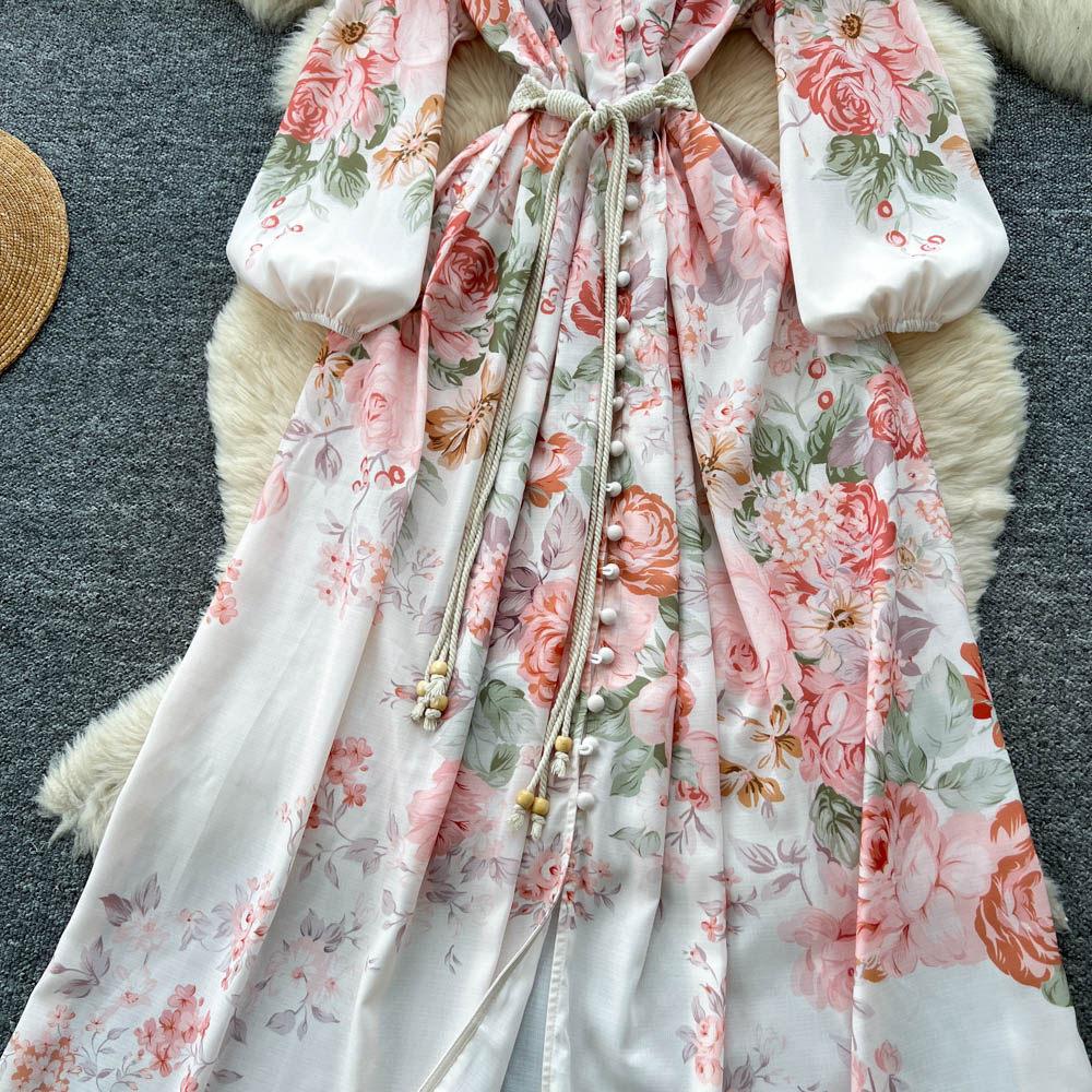 Spring Bohemian Floral Maxi Dresses for Women Runway Cross V-Neck Long Lantern Sleeve Sashes Beach Holiday Dress Boho Robes