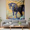 Ornate Gold and Blue Patterns On a Dark Horse with Flowing Designs. Patterned Tapestry for Bedroom and Living Room Home Decor
