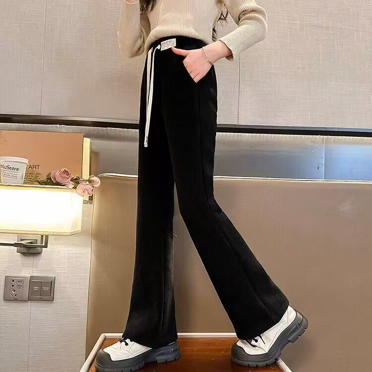 Girls' Black Plus Velvet Straight-Leg Sweatpants - New Autumn/Winter 2025 for Junior High Students