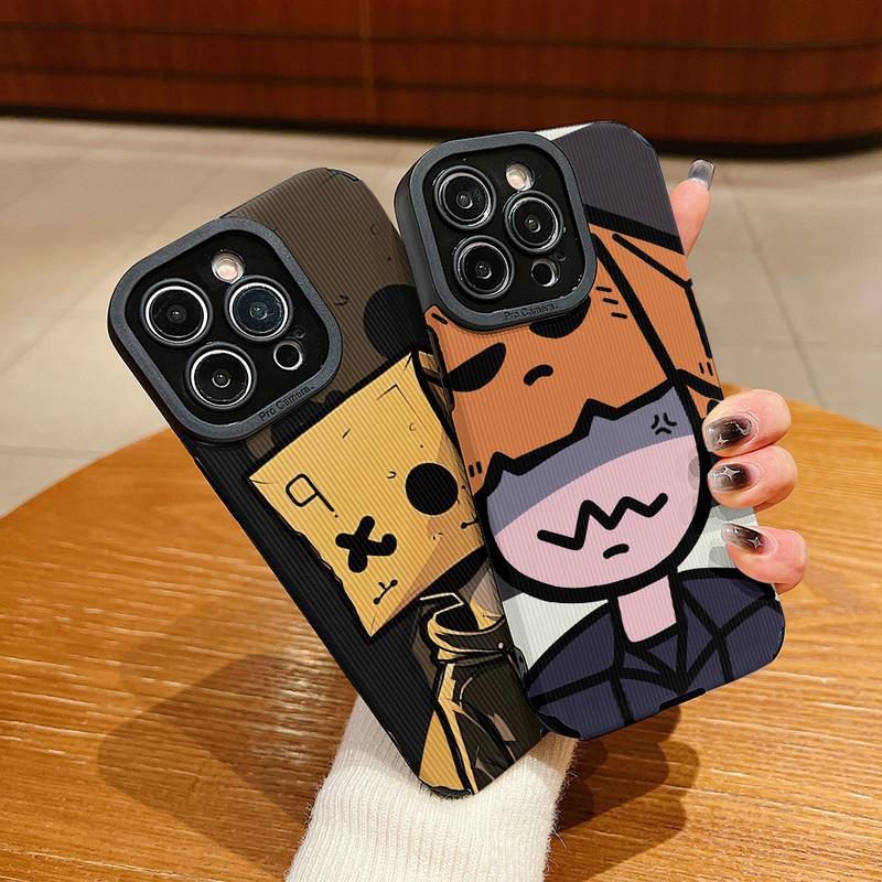 Vertical Grain Leather Shell Box Boy Printed Patterned Shockproof Soft Silicone Case with Camera Lens Full Protection for iPhone