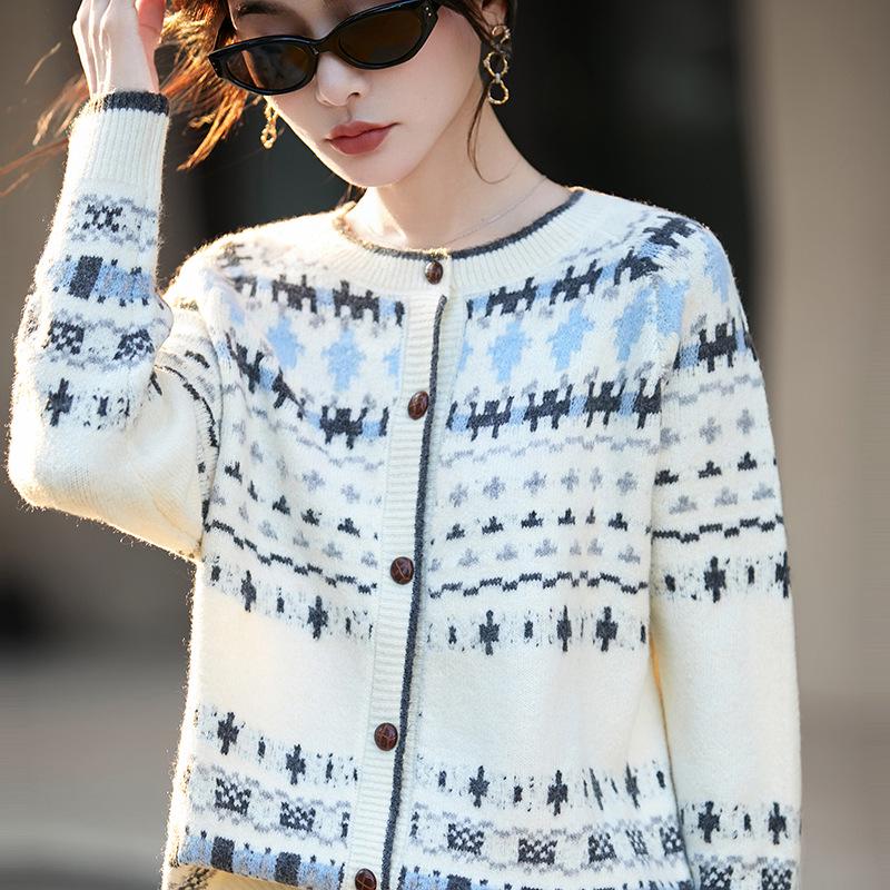 Retro Jacquard Round Neck Sweater - Women's Autumn/Winter Thick Loose Knit Cardigan, Korean Style Chic Top