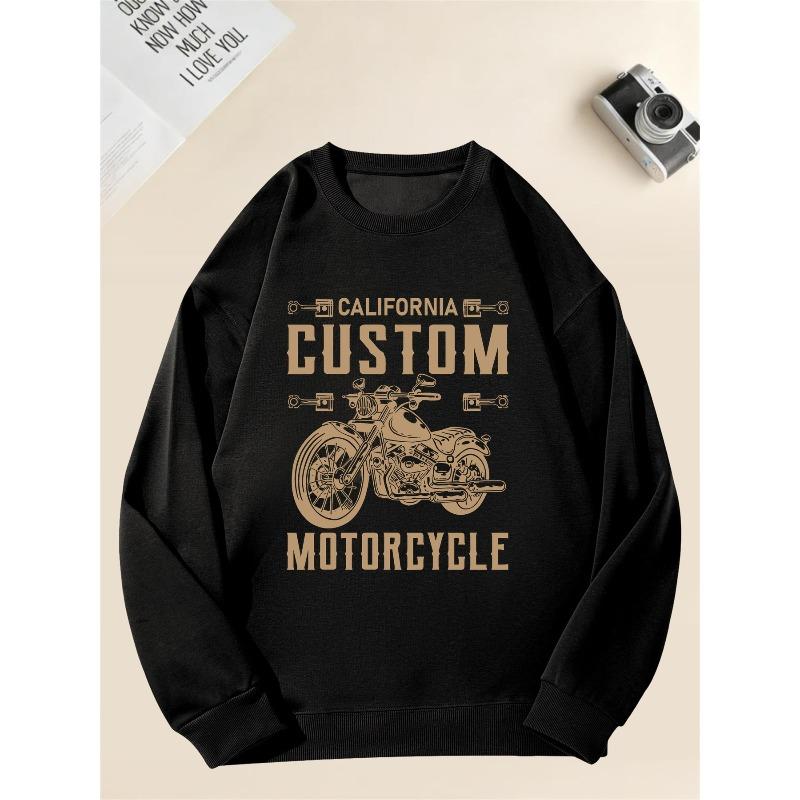 Men's Casual Crew Neck Sweatshirt with Motorcycle Graphic 100% Cotton Printed Long-Sleeve Crew Neck Pullover