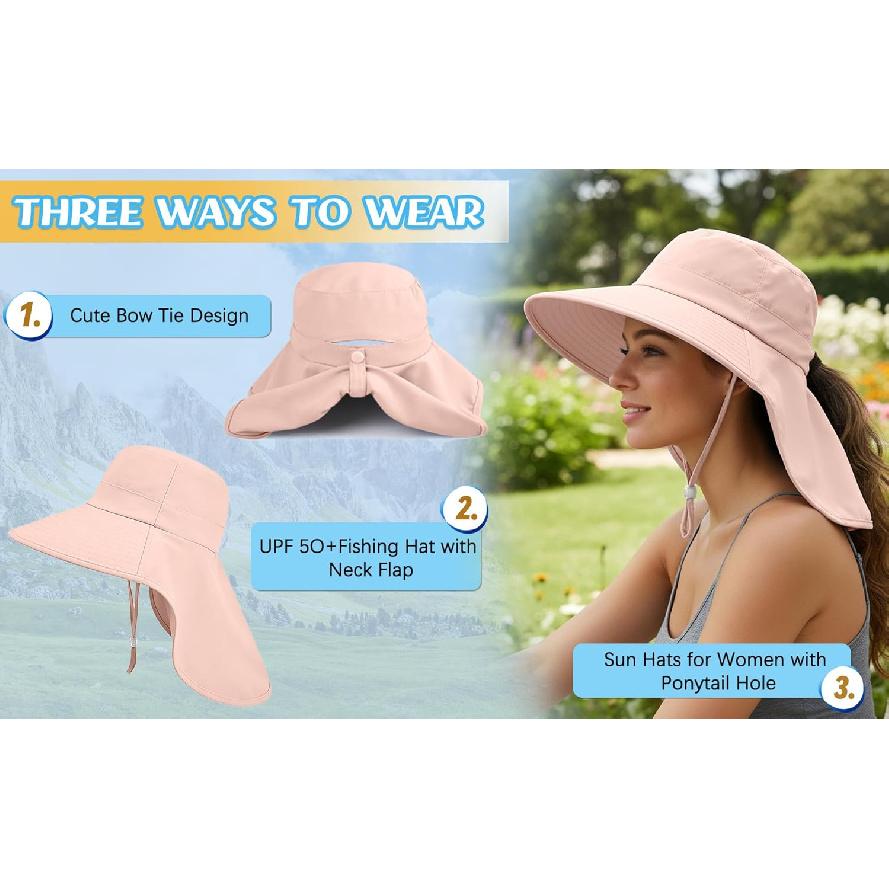 Ruqizhi Sun Hats for Women with Neck Flap Ponytail Hole Women Sun Hats Rollable UV Protection Fishing Hats Wide Brim UPF 50+
