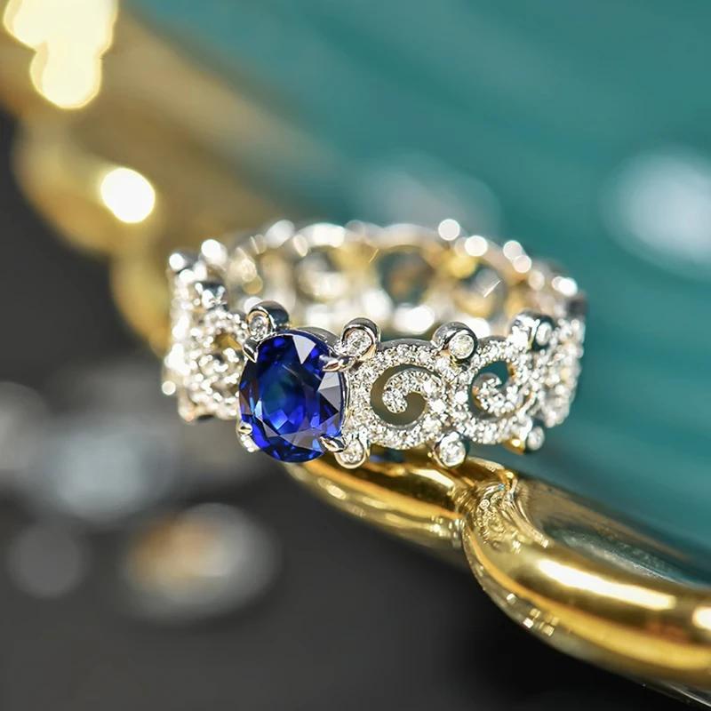 Huitan Aesthetic Elegant Hollow Rings with Oval Blue Cubic Zirconia Wedding Anniversary Party Women Rings Luxury Trendy Jewelry