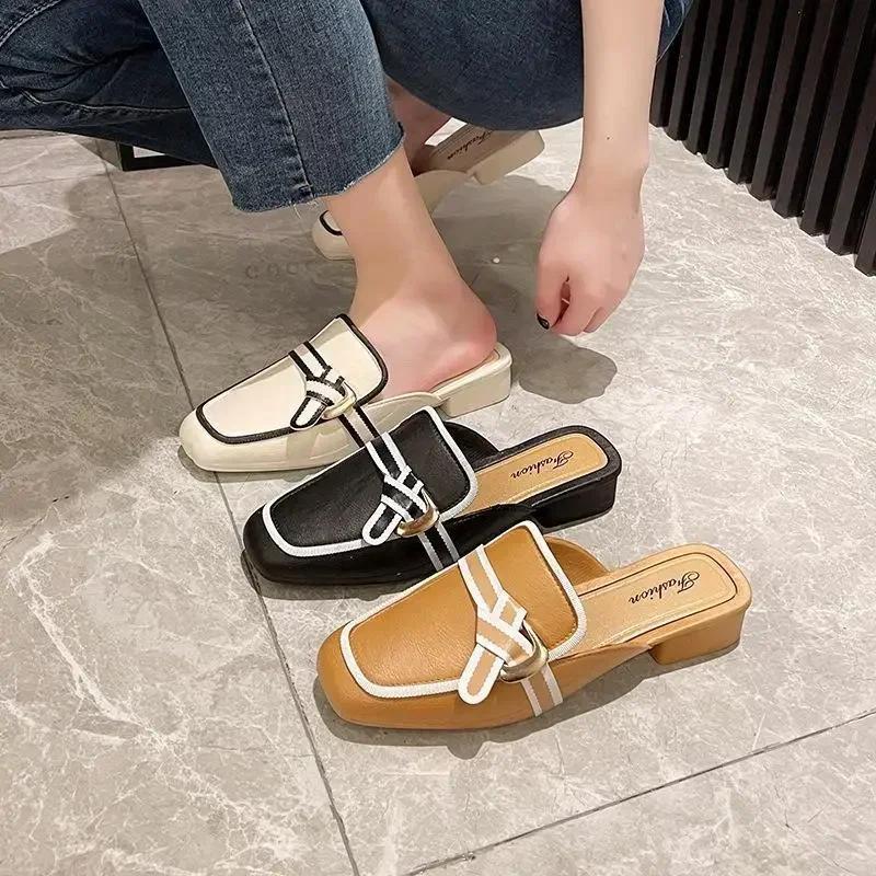 Fashion Black Mules Shoes For Women Slip On Square Heel Slippers Women 2024 New Luxury Designer PU Leather Slides Elegant Office Shoes